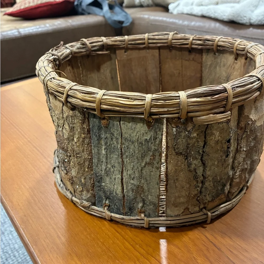 Rustic Brown Wood Slat and Woven Reed Gathering Basket Unique Details